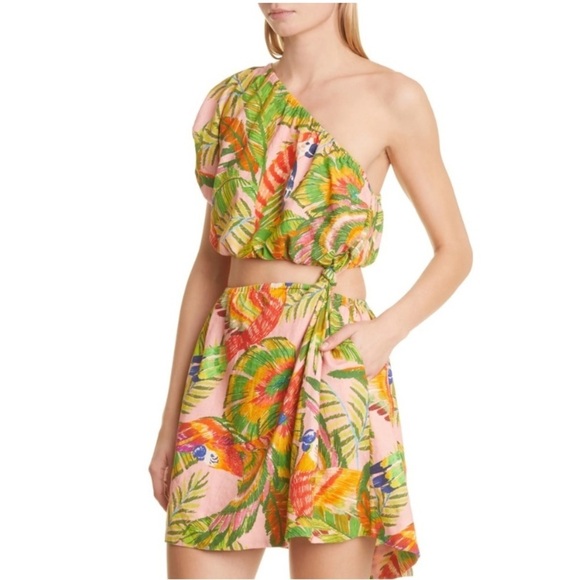 FARM Rio Dresses & Skirts - FARM Rio Macaw Leaves Cutout Waist Linen Blend Dress